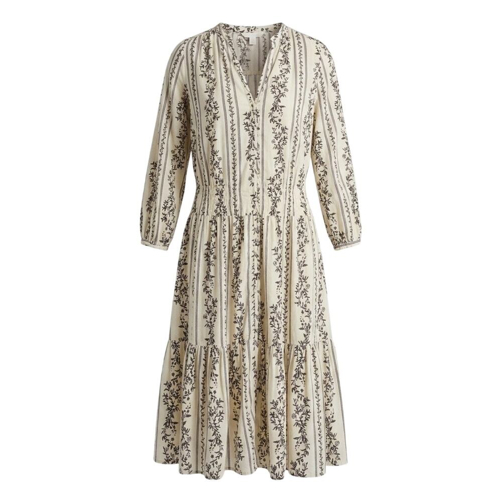 H&M Large Floral Striped Tiered Maxi Dress Cotton Blend Cottagecore Boho Cream